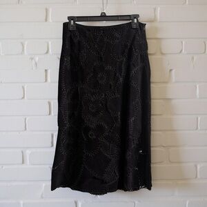 Vintage y2k Leather Floral Stitch Black Midi Knee Length Skirt